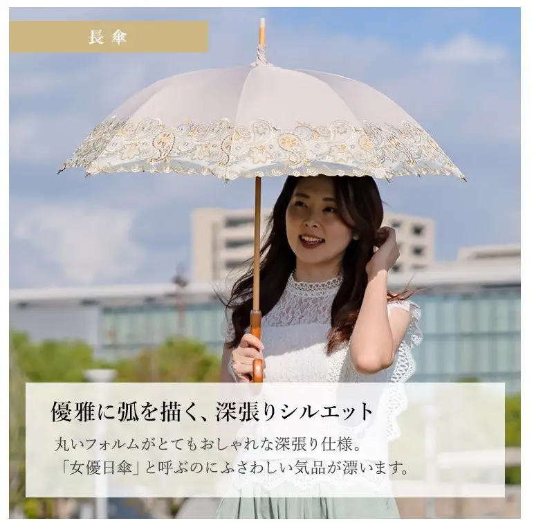 【シノワズリーモダン京都】女優日傘プレミアム ペイズリー更紗オーガンジー刺繍かわず張り長日傘 グレー