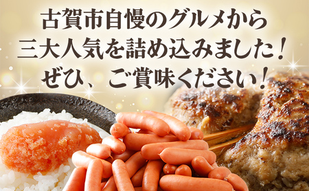 【定期便（3回発送）】古賀市三大人気グルメ定期便 無着色 辛子明太子 ウインナー 博多の薫り 粗挽き ソーセージ 佐賀牛 合挽 ハンバーグ 牛 柔らかい ジューシー おかず 惣菜 弁当 小分け 福岡県 福岡 九州 グルメ お取り寄せ