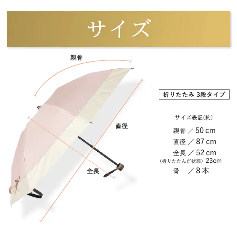 100%完全遮光 晴雨兼用 折りたたみ日傘 3段タイプ 50cm バイカラー ピンク×ベージュ