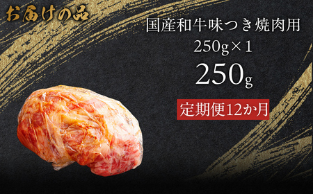 【12か月定期便】国産和牛味つき焼肉用 250g (250g×1) MROBM008