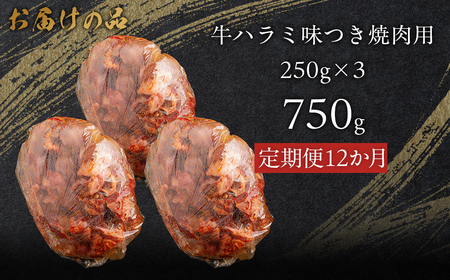 【12か月定期便】牛ハラミ味つき焼肉用 750g (250g×3) MROBM046