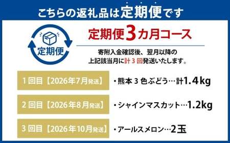【年3回定期便】 熊本おすすめフルーツ定期便D（ぶどうセット・シャインマスカット・メロン） 【2026年7月上旬発送開始】 ぶどう ブドウ 巨峰 シャインマスカット マスカット メロン アースメロン フルーツ 果物 くだもの フルーツ 定期便 年3回 熊本県 熊本県産