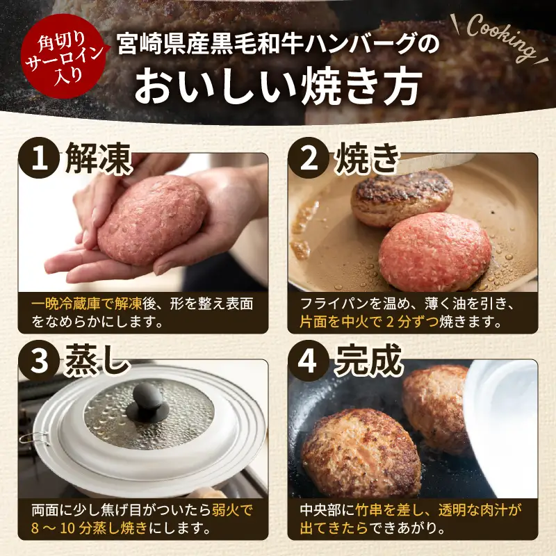 ≪角切りサーロイン入り!!≫宮崎県産黒毛和牛肩ロース100%★ハンバーグPREMIUM(計4個) 肉 牛肉 加工品 惣菜 国産_T025-0505