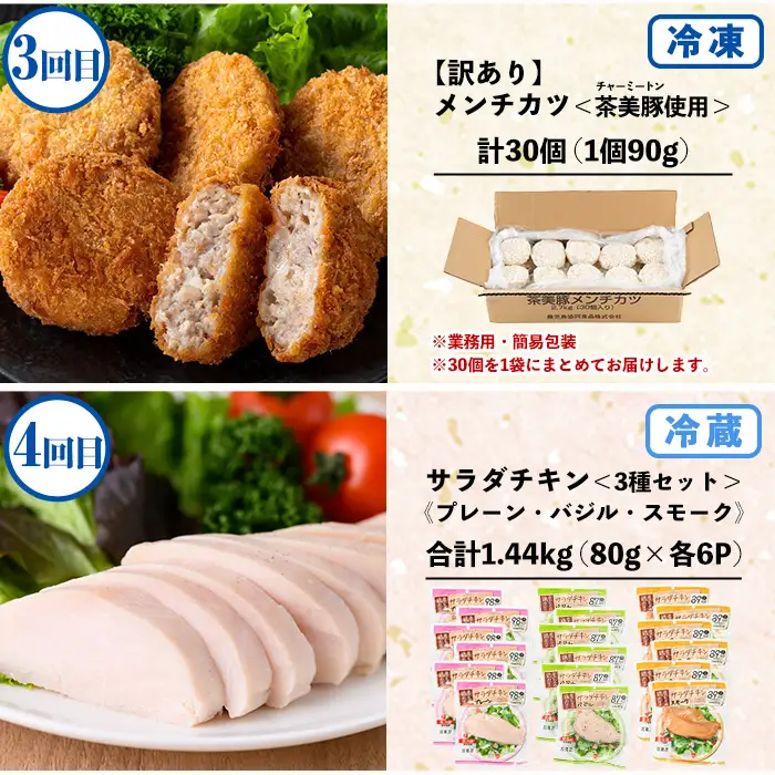 【6か月定期便】鹿児島協同食品バラエティ定期便 鹿児島黒豚生餃子 合計144個（12個×12P）茶美豚の角煮 1kg（250g×4P）茶美豚メンチカツ 2.7kg（90g×30個）サラダチキン約1.4kg（3種×80g×6P）鹿児島県産豚肉使用焼売 48個（24個×2P）茶美豚ウインナー大粒 約1.9kg（215g×9P）を6回に分けてお届け【00-008-33-TK】