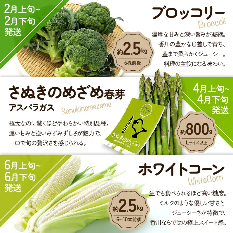 旬のさぬきの野菜定期便（6回）　野菜 定期便 旬 新鮮 食べごろ 季節 ブロッコリー アスパラ ホワイトコーン オクラ ミニトマト 香川県 東かがわ市
