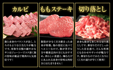 常陸牛 3種 盛り合わせ カルビ ももステーキ 切り落し (茨城県共通返礼品：茨城県産) ワークミート《30日以内に出荷予定(土日祝除く)》茨城県 河内町 常陸牛 和牛 焼肉 ステーキ もも肉 切り落とし 牛肉 牛