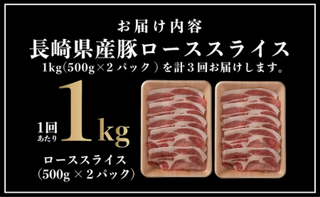 【3回定期便】 長崎県産 豚肉 ローススライス 計1kg (500g×2) 総計3kg 定期便 小分け 冷凍 豚肉 しゃぶしゃぶ すき焼き ぶたにく 国産豚 3回 定期便 