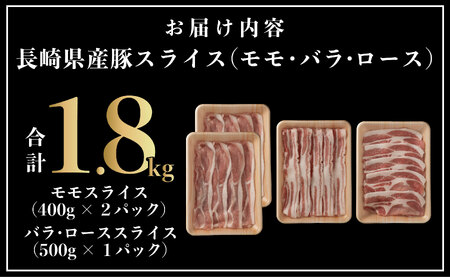 長崎県産豚 3種食べ比べ (モモ･バラ･ロース スライス)計 1.8kg (モモ400g×2･バラ500g×1･ロース500g×1)