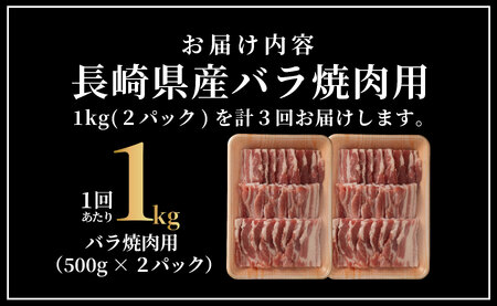 《定期便》長崎県産豚 バラ焼肉用 計1kg(500g×2)【3回お届け】