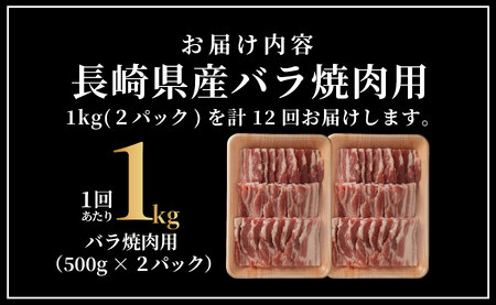 《定期便》長崎県産豚 バラ焼肉用 計1kg(500g×2)【12回お届け】
