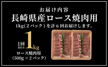 《定期便》長崎県産豚 ロース焼肉用計1kg(500g×2) 【6回お届け】