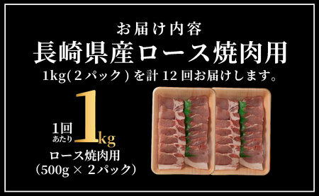 《定期便》長崎県産豚 ロース焼肉用計1kg (500g×2)【12回お届け】