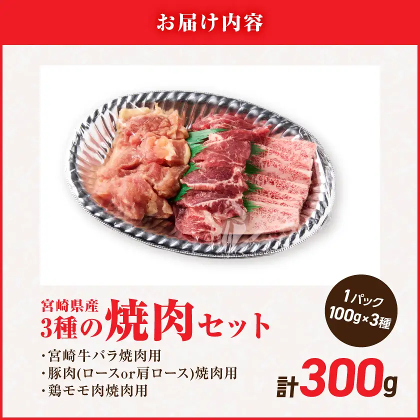 宮崎県産≪宮崎牛・豚・鶏≫3種の焼肉セット300g≪みやこんじょ快速便≫〔AA-89-003-300g-R〕_(都城市)  宮崎県産 焼肉セット 宮崎牛バラ 豚肉(ロース又は肩ロース) 鶏モモ肉