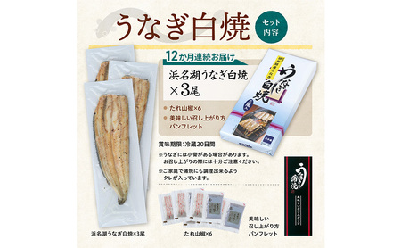【12か月定期便】浜名湖産 うなぎ白焼　約140g×3尾入り　計12回 うなぎ ウナギ 鰻 ブランドうなぎ 白焼 浜名湖 とろける ふっくら 香ばしい 旨味 肉厚 静岡 浜松市