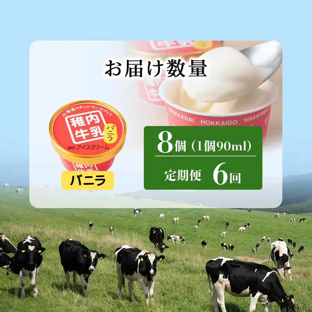 【定期便6ヶ月】稚内牛乳 アイスクリーム バニラ　8個セット（各90ml）
