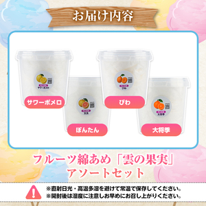 フルーツ綿あめ「雲の果実」アソートセット(約40g×4種・Dセット) 国産 阿久根産 わたあめ 綿飴 果汁 果物 サワーポメロ びわ ぼんたん 大将季 おやつ スイーツ 【松永青果】akn053-49