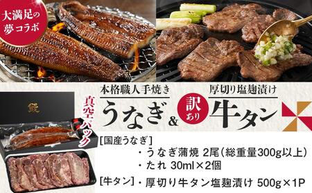 【丑の日】大満足の夢コラボ☆うなぎ&厚切り牛タンセット≪7月20日～25日お届け≫〔AC-3308-UG〕_(都城市) 訳あり 不揃い スリット加工 塩麹 牛 タン 国産うなぎ 蒲焼 土用の丑の日