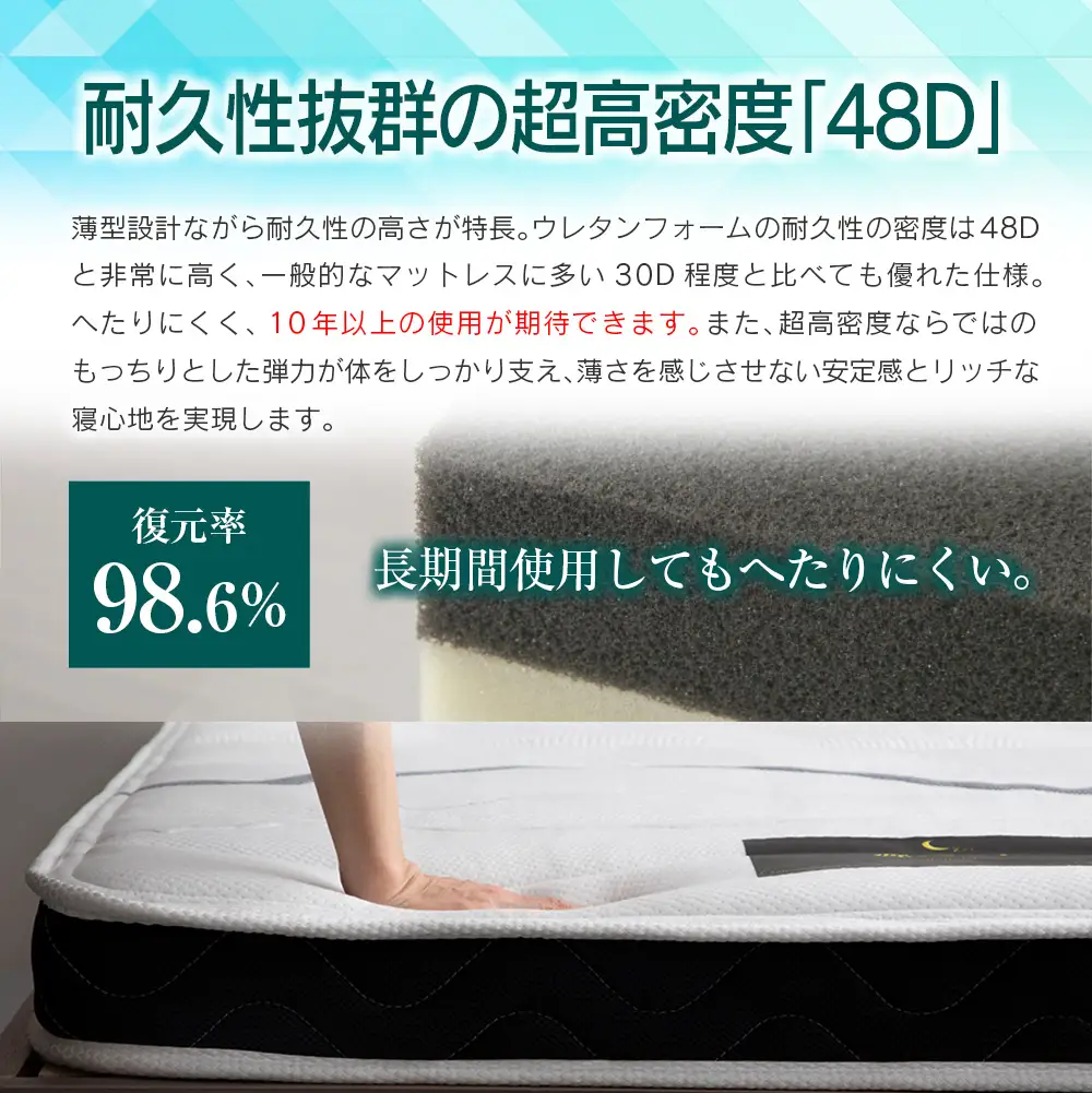 マットレス ダブル 咲夜ハイフィール2 源ベッド 高反発 ウレタンマットレス 薄型 日本製 軽量 3層構造 反発弾性60％ 超高密度48D 防ダニ 防菌加工 コンパクト梱包 佐川急便対応_CH041_106