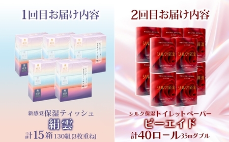 頒布会2回 新保湿ティッシュ 絹雲 ボックスティッシュ 130組( 3枚重ね )×15箱 河野製紙 ピーエイド シルク40ロール やわらかい まとめ買い 備蓄 日用品 常備品 消耗品 大容量 防災 埼玉県 蓮田市