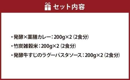 お手軽BOX 発酵×薬膳カレー・竹炭雑穀米・発酵牛すじのラグーパスタソース 各2食分 合計1.2kg（200g×6） カレー  カレーライス 雑穀米 ご飯 パスタソース ソース 惣菜 調味料 冷凍