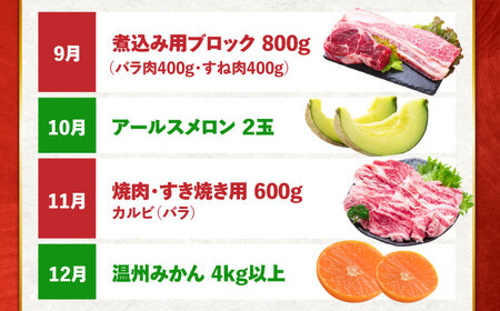 【6回定期便】長崎和牛と旬のフルーツが楽しめる バラエティ定期便 / フルーツ定期便 果物定期便 肉定期便 牛肉 びわ メロン ぶどう みかん / 南島原市 / 贅沢宝庫[SDZ055]