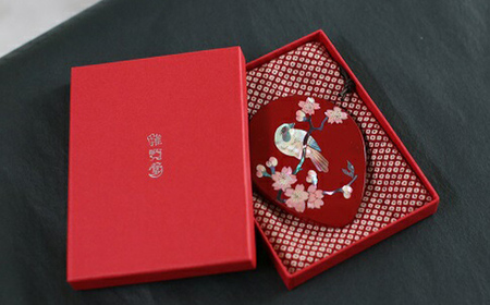 螺鈿細工 手鏡 桜に樫鳥(黒) 工芸品 民芸品 伝統技術  FAD-0201