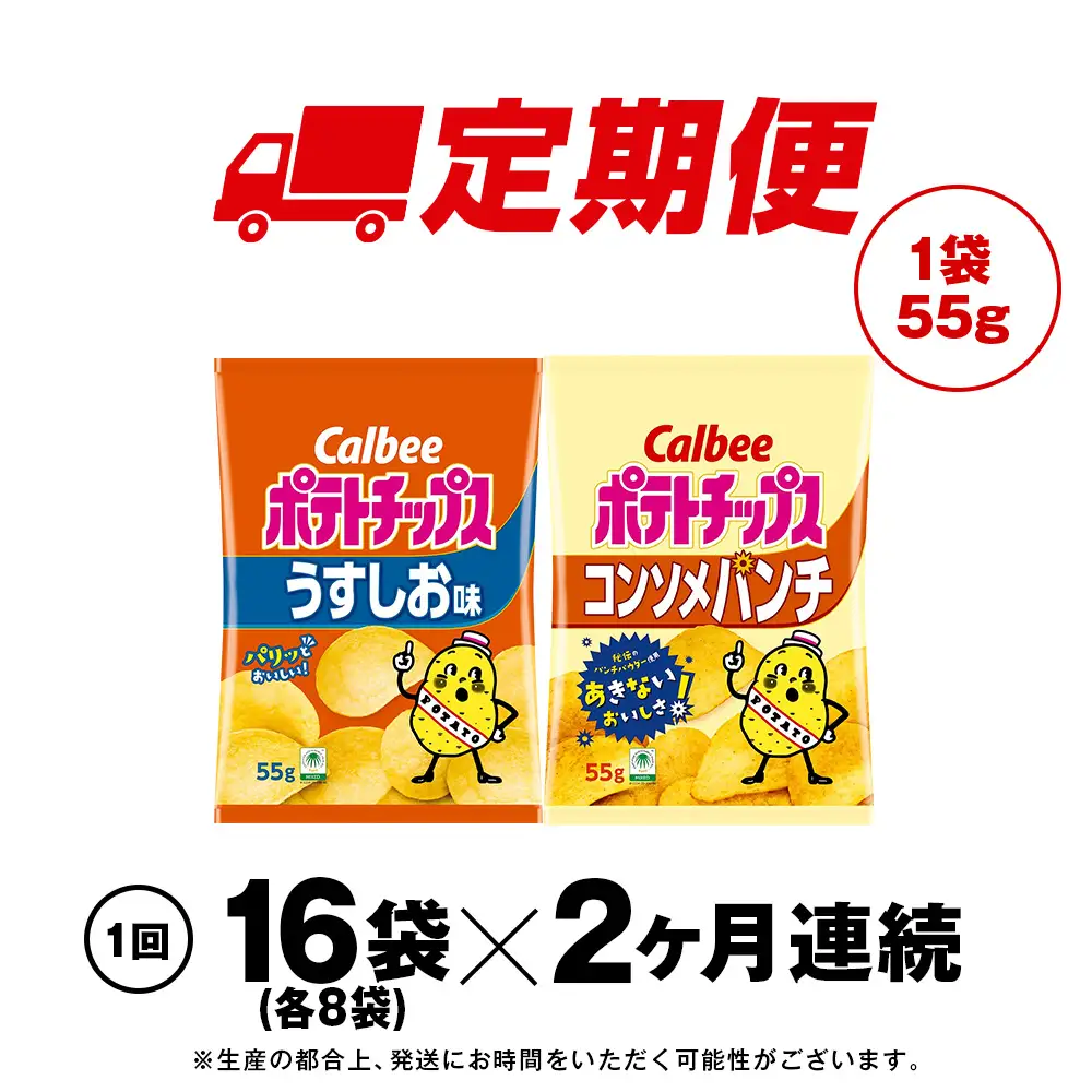 【定期便2カ月】カルビーポテトチップス 2種セット うすしお・コンソメパンチ 各8袋 《千歳工場製造》