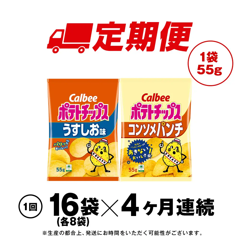 【定期便4カ月】カルビーポテトチップス 2種セット うすしお・コンソメパンチ 各8袋 《千歳工場製造》
