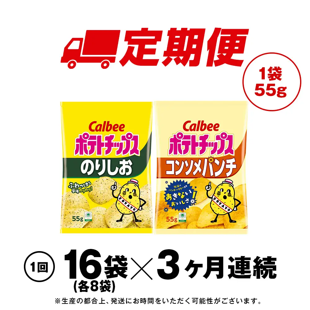 【定期便3カ月】カルビーポテトチップス 2種セット コンソメパンチ・のりしお 各8袋 《千歳工場製造》