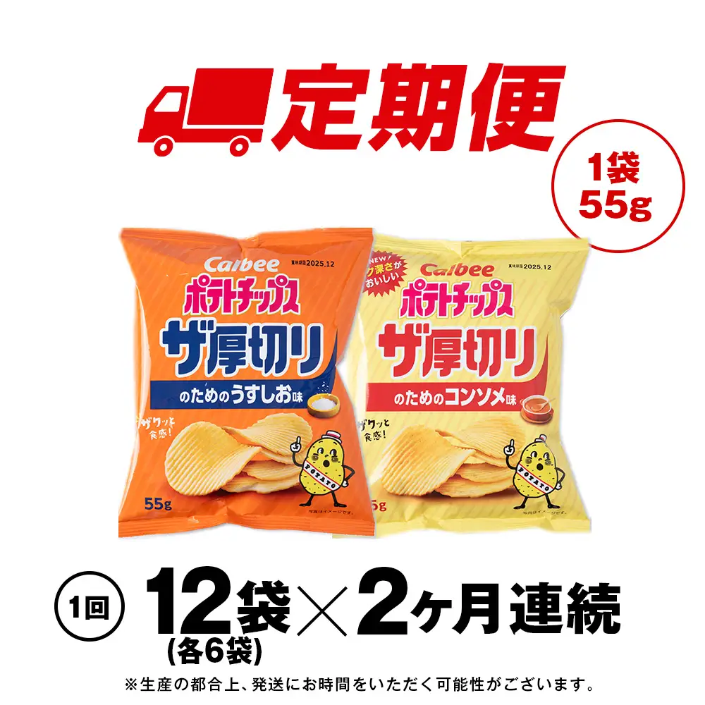 【定期便2カ月】ザ厚切りのための ２種セット うすしお・コンソメ 各6袋 カルビー ポテトチップス 《千歳工場製造》