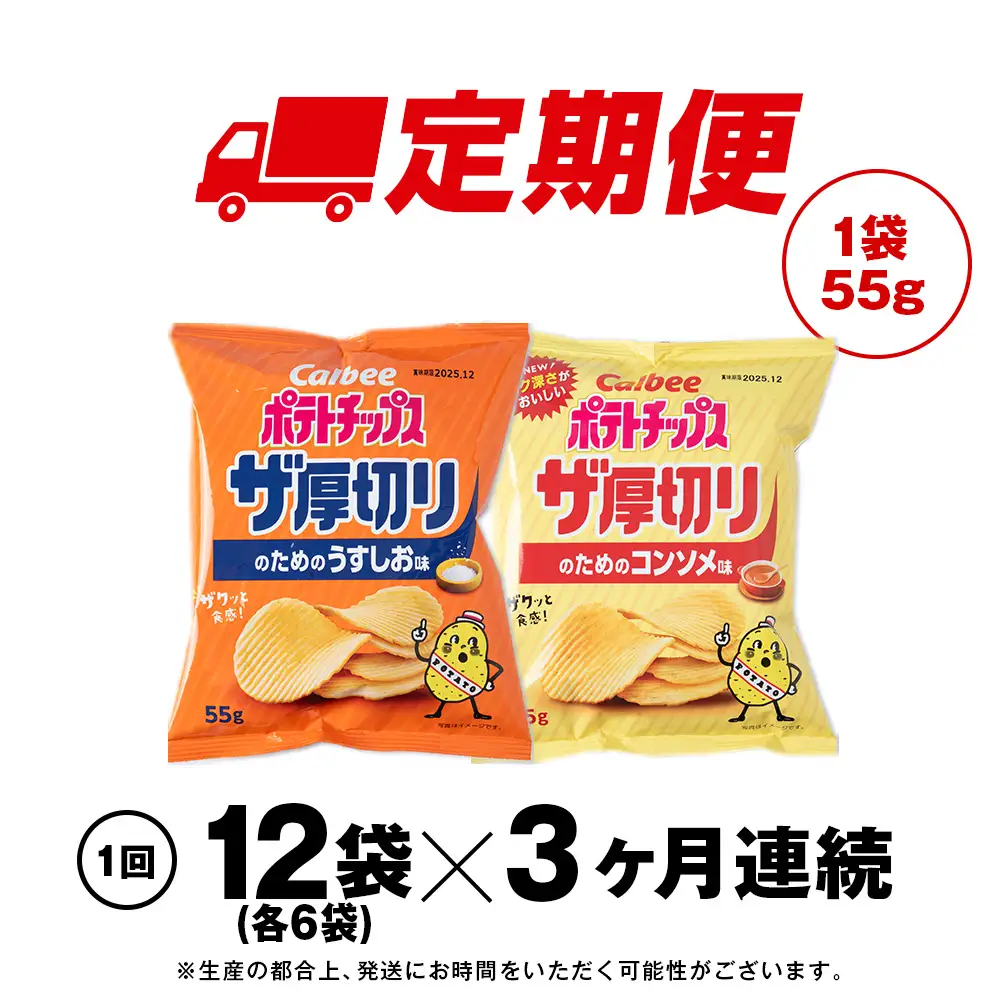 【定期便3カ月】ザ厚切りのための ２種セット うすしお・コンソメ 各6袋 カルビー ポテトチップス 《千歳工場製造》