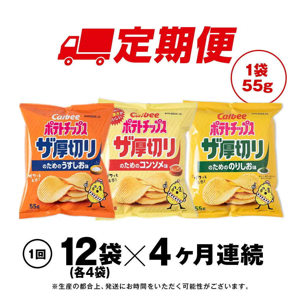 【定期便4カ月】ザ厚切りのための ３種セット うすしお・コンソメ・のりしお 各4袋 カルビー ポテトチップス 《千歳工場製造》