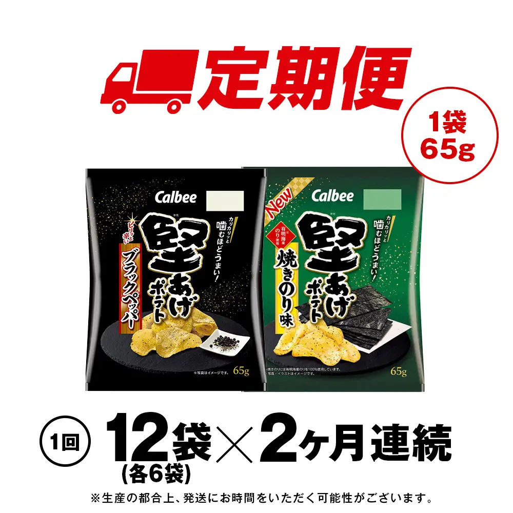【定期便2カ月】堅あげポテト 2種セットA ＜ブラックペッパー・焼きのり＞ 各6袋  カルビー ポテトチップス 《千歳工場製造》