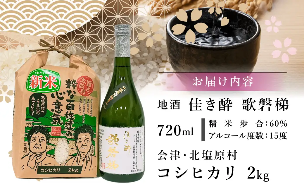 【12ヵ月定期便】地酒「佳き酔 歌磐梯」とお米セット（会津・北塩原村産コシヒカリ2kg） KBM020