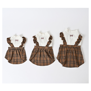 ケーブル風ジャージチェックワンピース ブラウン チェック柄 犬服 ドッグウェア【ココアトワ(cocoAtoi)】 Ｓ