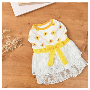 ひまわりレースフリルワンピース メッシュ 向日葵 花柄 イエロー ドッグウェア【ココアトワ(cocoAtoi)】 Ｍ