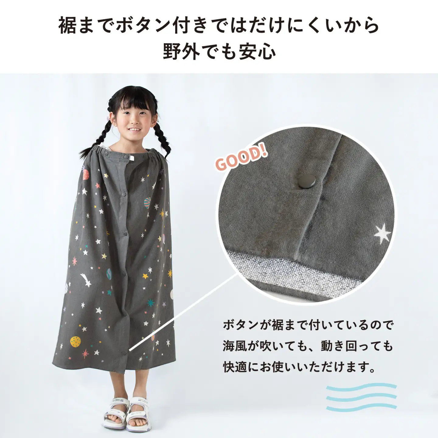 プリントガーゼ　キッズラップタオル　スペース（チャコール）