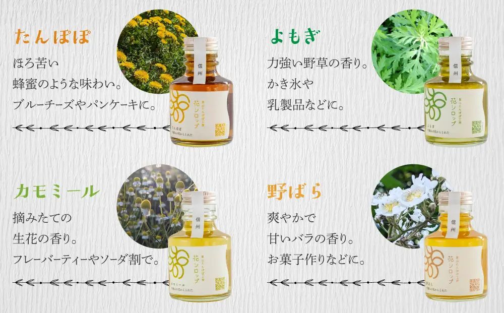 信州の花シロップ　お任せ3種（たんぽぽ、よもぎ、あけびの花、カモミール、野ばらのうち3種）【里山たんぽぽ工房】