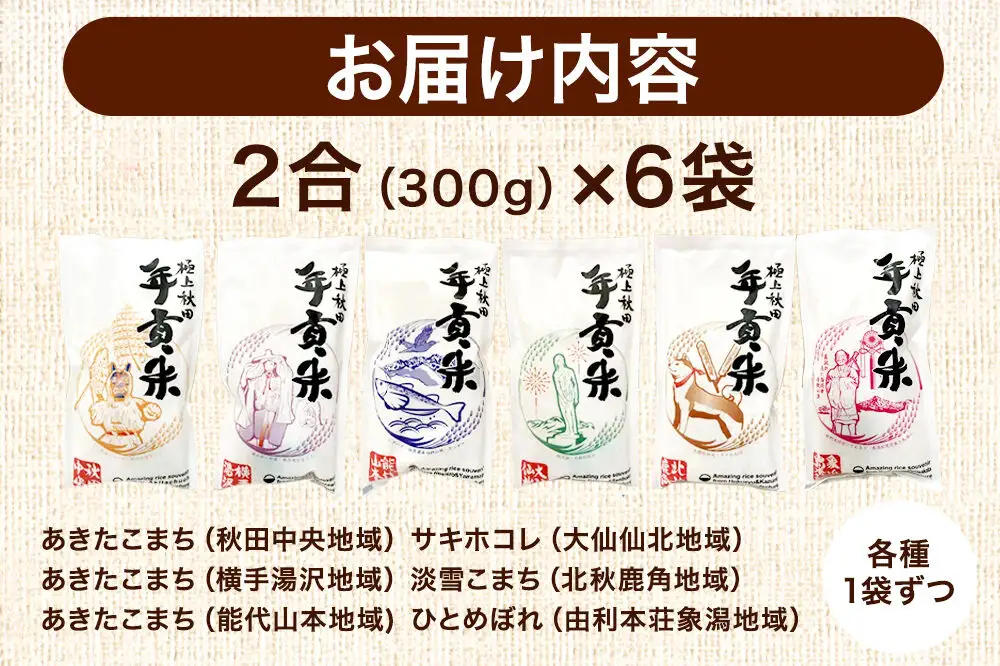 米 極上秋田年貢米食べ比べセット 2合（300g)×6袋  令和7年産 秋田県産 [米 お米 こめ 白米 精米 ご飯 ごはん 米どころ 秋田県産 小分け サキホコレ あきたこまち 淡雪こまち ひとめぼれ 食べ比べ]