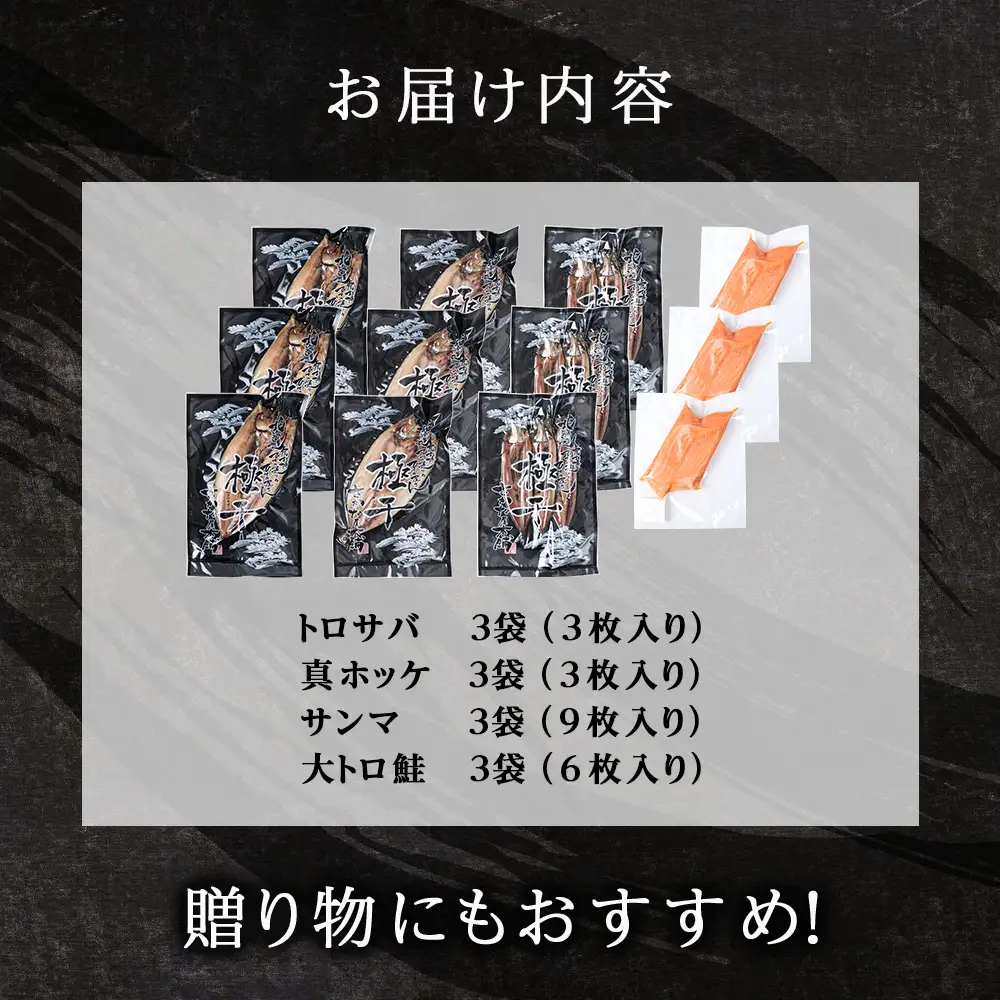 【さかな屋本舗至極のセット！】 特大とろさば・特大真ほっけ・秋刀魚・大とろ鮭 各3枚 