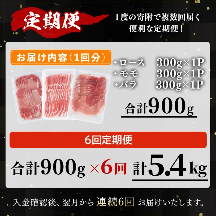 ＜定期便・全6回＞かごしま味わい黒豚の しゃぶしゃぶ 3種食べ比べ(合計5.4kg/900g×6回) 豚肉 黒豚 しゃぶしゃぶ 【KNOT】 T82
