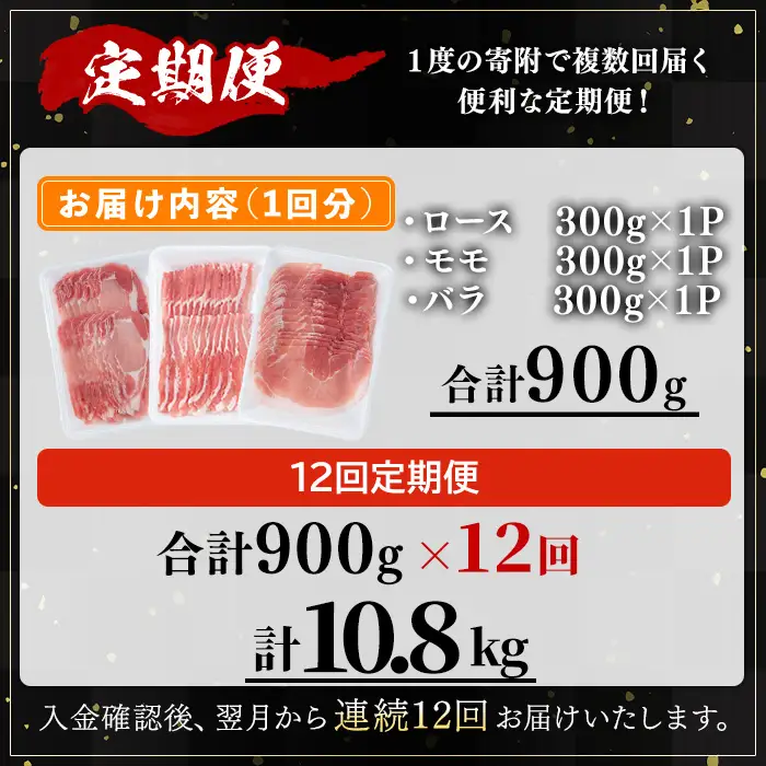 ＜定期便・全12回＞かごしま味わい黒豚の しゃぶしゃぶ 3種食べ比べ(合計10.8kg/900g×12回) 豚肉 黒豚 しゃぶしゃぶ 【KNOT】 T83