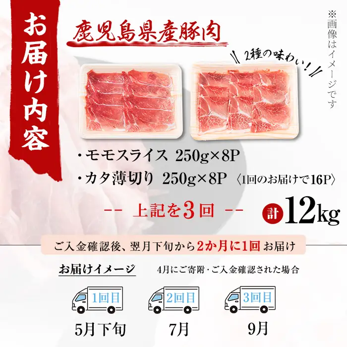 〈3回定期便〉鹿児島県産 豚モモスライス&カタ薄切り 各250g×8Pずつ 計4kg×3回 t0051-003