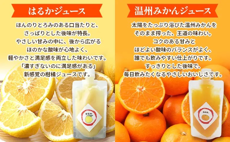 ＜温州みかん＆はるか100％ストレートジュース パウチタイプ 160ml×各2個 計4個＞『1か月以内に順次発送予定』飲み比べ セット 果物 くだもの フルーツ 柑橘類 みかん 蜜柑 ミカン みかんジュース 飲料 渡江から一歩を踏み出す会 愛媛県 西予市【常温】ATI0047