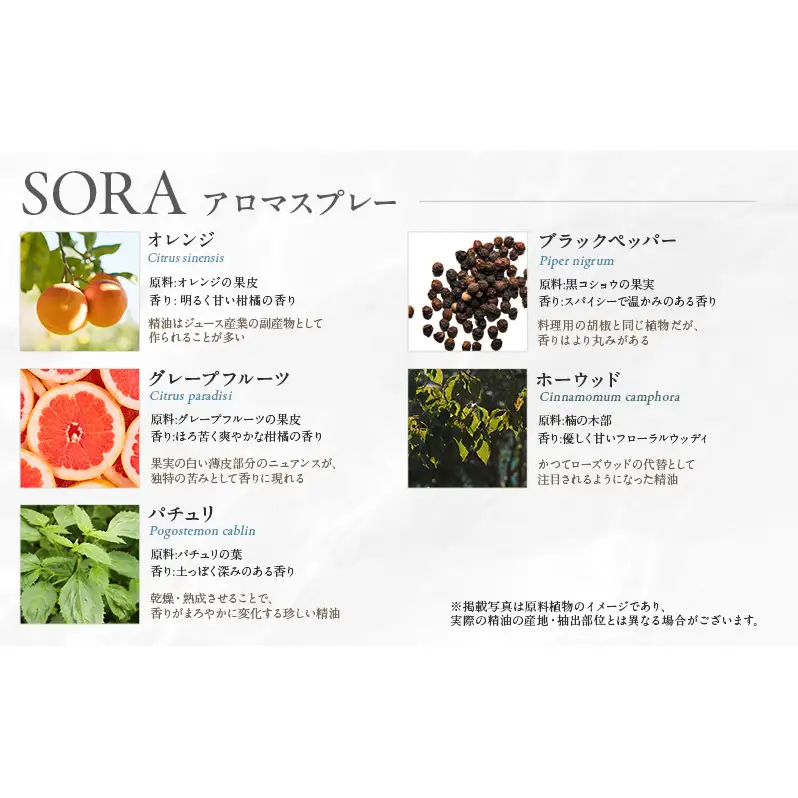 木々之重 SORA エッセンシャルオイル 10ml アロマスプレー 50ml セット アロマオイル アロマグッズ 香り 精油 天然由来 オレンジ グレープフルーツ カルダモン パチュリ ブラックペッパー ホーウッド スパイス 気分転換 スッキリ 癒し 贈答 プレゼント