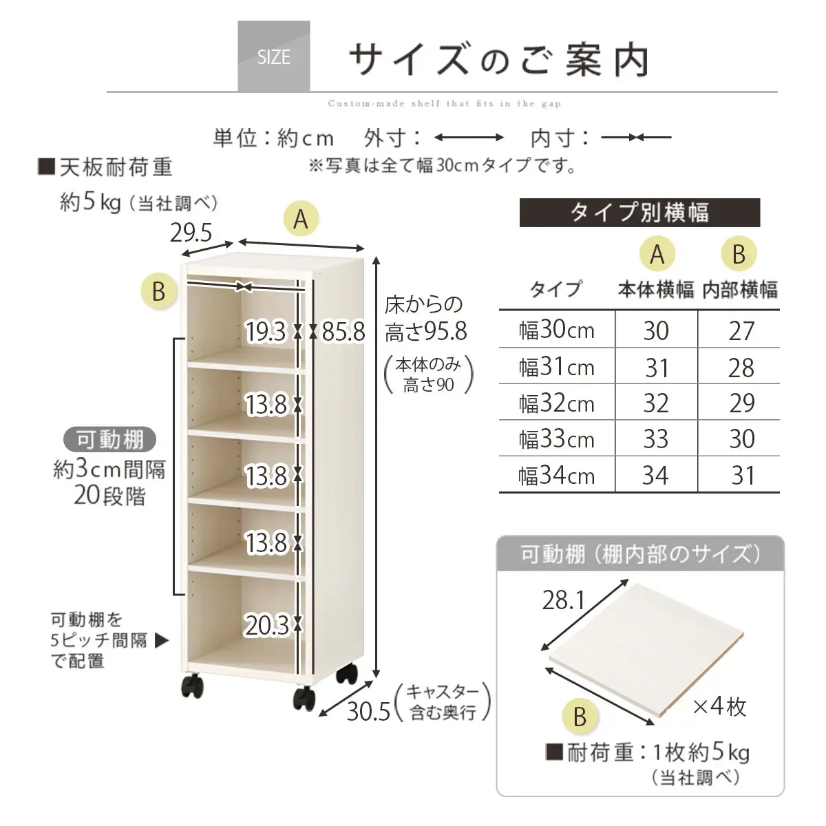 【完成品でお届け】オーダーすき間ラック〔幅33cm・キャスター・ロータイプ〕（ホワイト）隙間収納 キャスター付き キッチン 洗面台 隙間 収納 洗濯機横 隙間収納ラック ラック 薄型 木製 約 AKANBE400102-33-WH