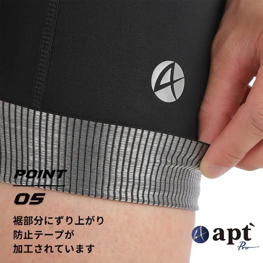 apt'Pro（エーピーティー）夏用メンズビブショーツ ひざ上丈 高弾性メッシュストラップ バックポケット付 日本人向けロードバイク向け 高ストレッチ速乾性ブラックサイズ展開　apt19