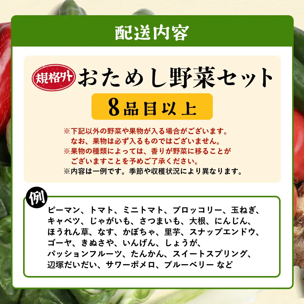 【規格外】本土最南端から 旬のお試し 野菜セット 8品目以上 NI-2 ｜ 旬 野菜 やさい 果物 くだもの 産地直送 農産物 冷蔵 鹿児島県 南大隅町産 詰合せ おまかせ 家庭用 訳あり なんたん市場