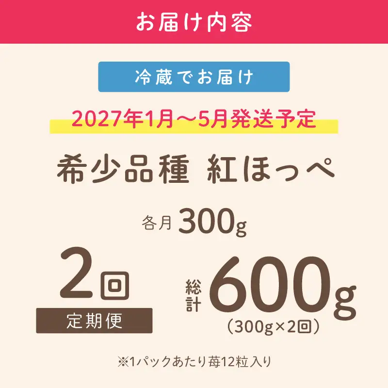 【2027年1月～5月発送予定】【いちご本来の甘酸っぱさを味わう】定番人気 紅ほっぺ 約300g（約300g×1パック×1箱）2ヶ月定期便【配送不可地域：北海道・沖縄・離島】【121D-009-2027】