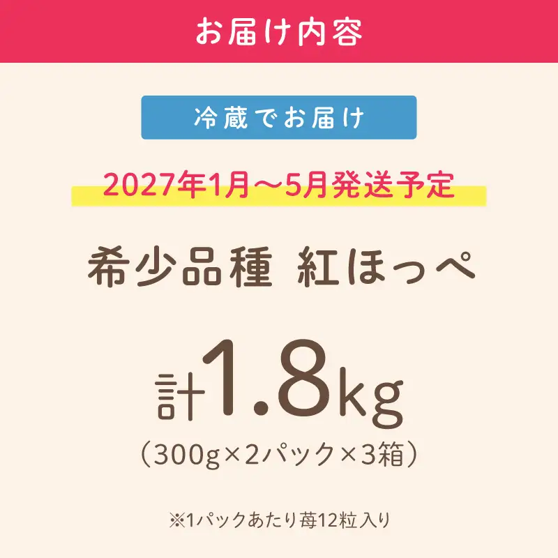 【2027年1月～5月発送予定】【いちご本来の甘酸っぱさを味わう】定番人気 紅ほっぺ 約1.8kg（約300g×2パック×3箱）【配送不可地域：北海道・沖縄・離島】【121C-010-2027】